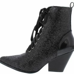CAPE ROBBIN Kelsey18 Black Glitter Pointed Toe Lace Up Ankle Boot
