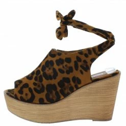 WESTWOOD Shoes Kite04 Leopard Peep Toe Ankle Tie Platform Wood Wedge