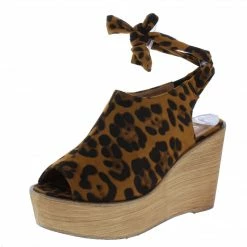 WESTWOOD Shoes Kite04 Leopard Peep Toe Ankle Tie Platform Wood Wedge