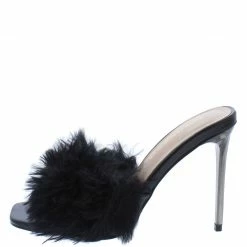 Shoe Republica Lalaland Black Faux Fur Open Toe Slide On Stiletto Heel