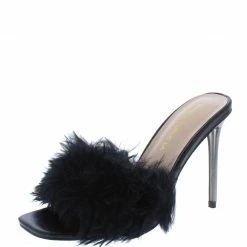 Shoe Republica Lalaland Black Faux Fur Open Toe Slide On Stiletto Heel