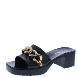 Forever Link List12 Black Square Open Toe Chain Chunky Mule Heel