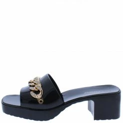 Forever Link List92 Black Open Toe Embellished Chain Chunky Mule Heel What's New