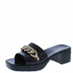 Forever Link List92 Black Open Toe Embellished Chain Chunky Mule Heel What's New