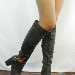 ATHENA M313 Grey Floral Embroidered Slouchy Knee High Boot