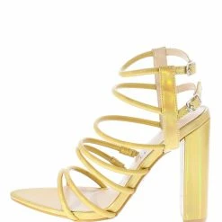 MACHI Maddie Gold Hologram Pointed Open Toe Strappy Tall Block Heel Shoes