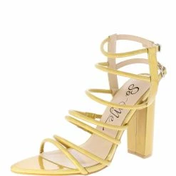MACHI Maddie Gold Hologram Pointed Open Toe Strappy Tall Block Heel Shoes