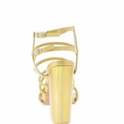 MACHI Maddie Gold Hologram Pointed Open Toe Strappy Tall Block Heel Shoes