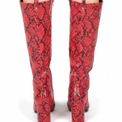 QUPID Boots Malone10 Red Black Snake Knee High Block Heel Boot