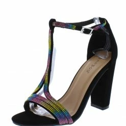JP Mania89 Black Nubuck Embellished Open Toe T Strap Heel