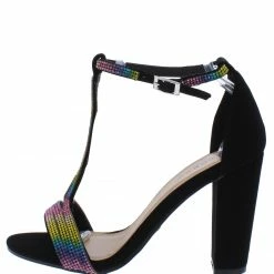 JP Mania89 Black Nubuck Embellished Open Toe T Strap Heel