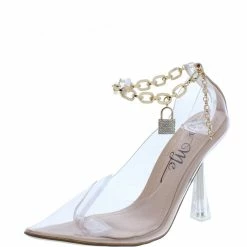 MACHI Marah Nude Patent Lucite Pointed Toe Ankle Chain Heel Shoes