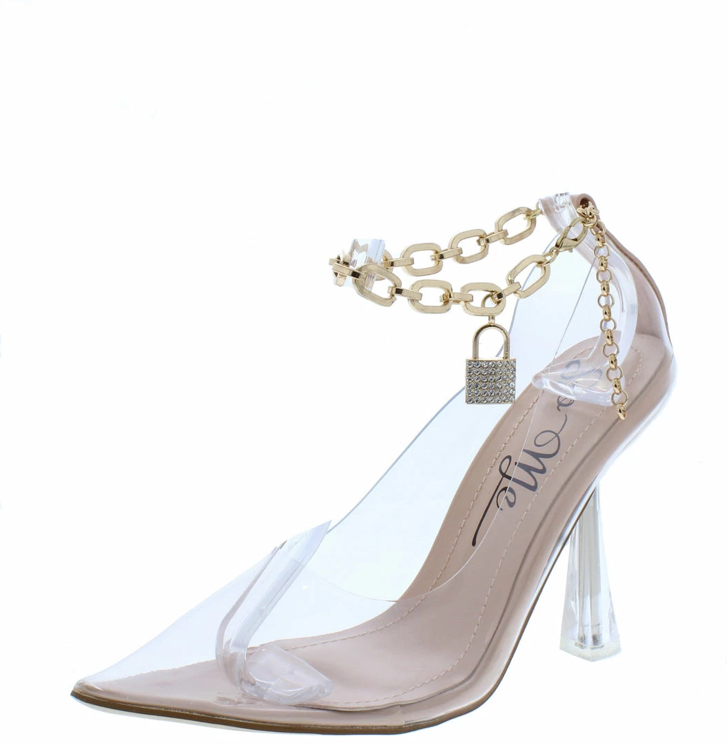 MACHI Marah Nude Patent Lucite Pointed Toe Ankle Chain Heel Shoes 4 MACHI Marah Nude Patent Lucite Pointed Toe Ankle Chain Heel Shoes