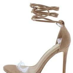 OIL J Martini Camel Suede Lucite Open Toe Ankle Wrap Heel