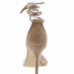 OIL J Martini Camel Suede Lucite Open Toe Ankle Wrap Heel