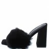 OIL J Mellow Black Suede Faux Fur Open Toe Slide Block Heel