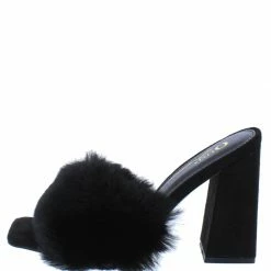 OIL J Mellow Black Suede Faux Fur Open Toe Slide Block Heel