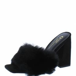 OIL J Mellow Black Suede Faux Fur Open Toe Slide Block Heel