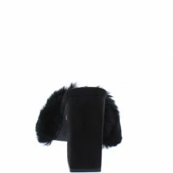 OIL J Mellow Black Suede Faux Fur Open Toe Slide Block Heel