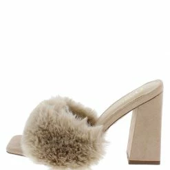 OIL J Mellow Camel Suede Faux Fur Open Toe Slide Block Heel What's New