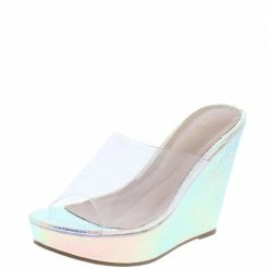 Shoe Republica Mood Silver Clear Lucite Open Toe Platform Wedge