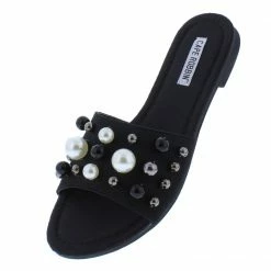 CAPE ROBBIN Shoes Omh5 Black Jeweled Pearl Open Toe Flat Slide Sandal