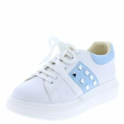 In Touch Point6 White Blue Side Stud Two Tone Lace Up Sneaker Flat
