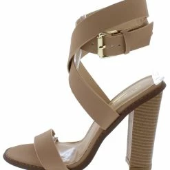 ELEGANCE Rampage1 Nude Open Toe Ankle Wrap Strap Block Heel