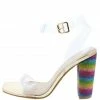 JP Rave11 Gold Metallic Lucite Open Toe Rainbow Embellished Heel