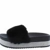OIL J Snow Black Rhinestone Faux Fur Open Toe Mule Flat Sandal