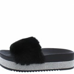 Wholesale Fashion Shoes Sales Store 11 OIL J Snow Black Rhinestone Faux Fur Open Toe Mule Flat Sandal
