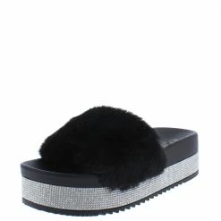 OIL J Snow Black Rhinestone Faux Fur Open Toe Mule Flat Sandal