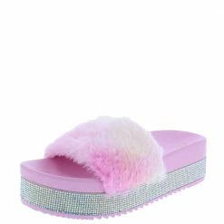 OIL J Snow Cotton Candy Rhinestone Faux Fur Open Toe Mule Flat Sandal What's New