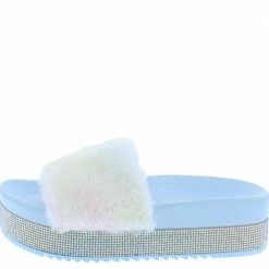 OIL J Snow Rainbow Rhinestone Faux Fur Open Toe Mule Flat Sandal What's New