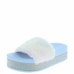 OIL J Snow Rainbow Rhinestone Faux Fur Open Toe Mule Flat Sandal What's New