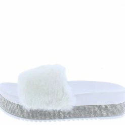 OIL J Snow White Rhinestone Faux Fur Open Toe Mule Flat Sandal