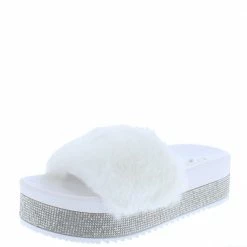OIL J Snow White Rhinestone Faux Fur Open Toe Mule Flat Sandal