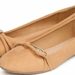 QUPID Ballet Flats Sparks05 Toffee Almond Toe Single Gold Loop Ballet Flat