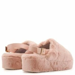 Liliana Kathy179 Blush Faux Fur Slingback Platform Mule Wedge