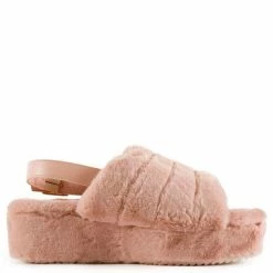 Liliana Kathy179 Blush Faux Fur Slingback Platform Mule Wedge