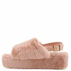 Liliana Kathy179 Blush Faux Fur Slingback Platform Mule Wedge