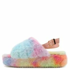 Liliana Kathy179 Cotton Candy Faux Fur Slingback Platform Mule Wedge