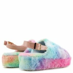 Liliana Kathy179 Cotton Candy Faux Fur Slingback Platform Mule Wedge