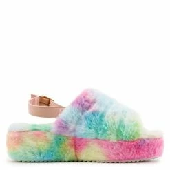 Liliana Kathy179 Cotton Candy Faux Fur Slingback Platform Mule Wedge