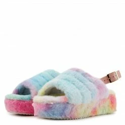 Liliana Kathy179 Cotton Candy Faux Fur Slingback Platform Mule Wedge