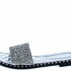 Legend Tia19 Silver Embellished Open Toe Flat Slide Sandal