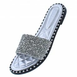 Legend Tia19 Silver Embellished Open Toe Flat Slide Sandal