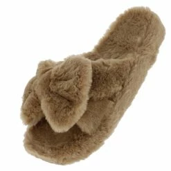 Mata Shoes Trendsetter2 Taupe Bow Faux Fur Flat Slide Sandal