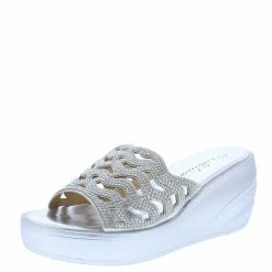 SUP Andrea098 Silver Sparkle Laser Cut Open Toe Slide Wedge