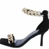 Bamboo Zeal09 Black Faux Suede Square Open Toe Ankle Chain Short Heel